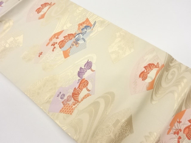 波に地紙・鴛鴦・草花模様織出し名古屋帯